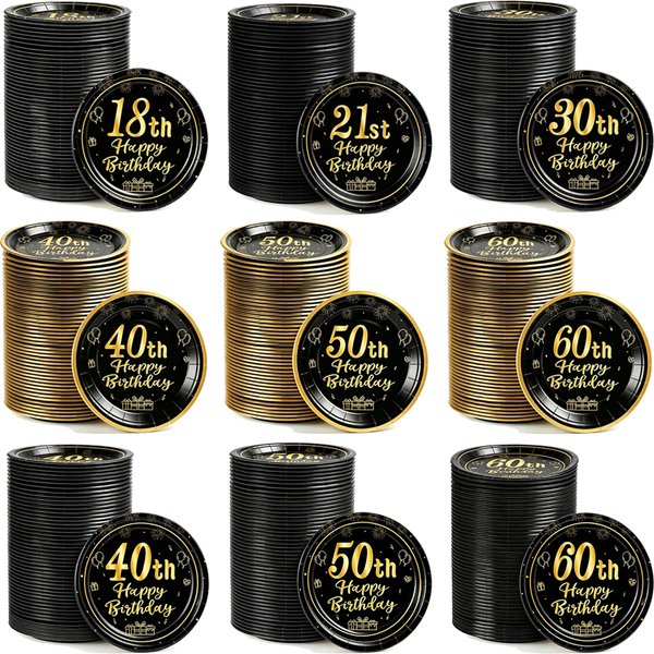 8-40 pièces Assiettes en papier jetables noires et dorées 7/9 pouces pour la décoration de fêtes d'anniversaire 18, 30, 40, 50, 60 ans pour hommes, femmes et adultes