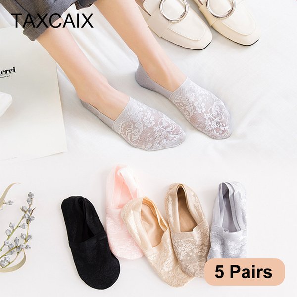 5 Paar modische Damen- und Mädchen-Sommersocken, Spitze, kurz, rutschfest, unsichtbar, Söckchen, ohne Karten