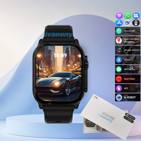 Montre connectée originale Ivanony HK12 Ultra 4 avec écran AMOLED, prise en charge des appels WhatsApp, navigation par carte, musique IA, montre intelligente pour hommes.