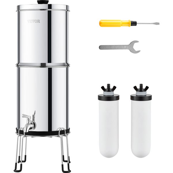 VEVOR Schwerkraft Wasserfiltersystem Edelstahl Arbeitsplattensystem 7,8+8,5 L Wasserfiltrationssystem, reduziert Blei und bis zu 99 % Chlor, mit 2 Keramik-Kohlefiltern & Zapfhahn, Camping Wohnmobil