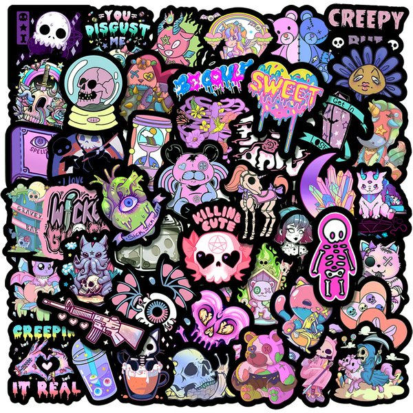 50pcs mignon gothique horreur autocollants Halloween Imp crâne dessin animé décalcomanies pour enfants cahier ordinateur portable réfrigérateur guitare autocollant jouet