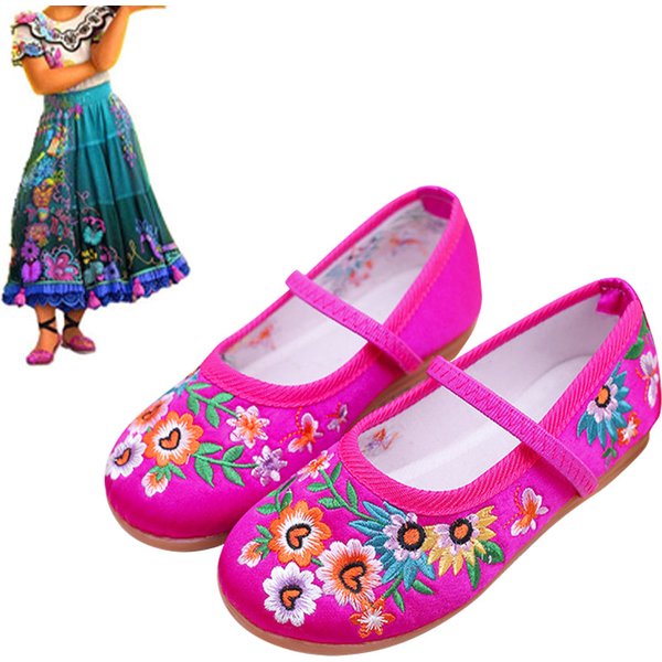 Chaussures de danse ethniques brodées de style traditionnel chinois pour enfants, semelle en cuir souple, chaussures de gril à fond phtaltalique pour filles