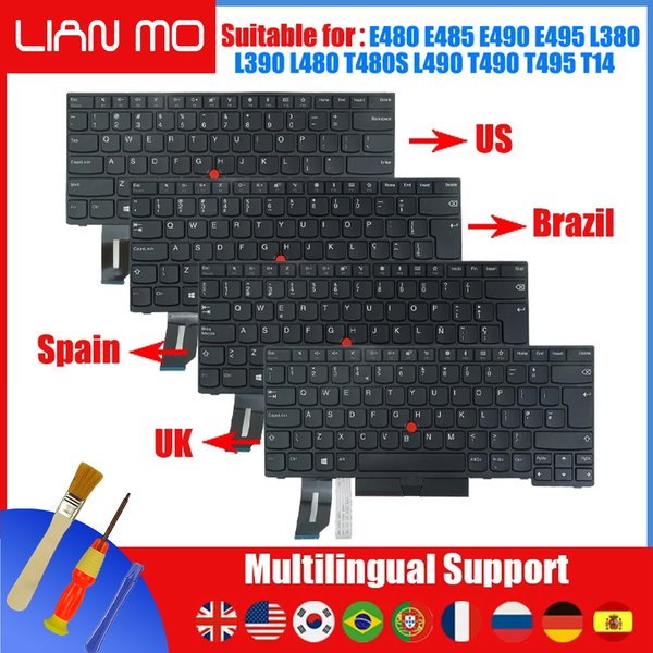 Clavier pour Lenovo E480 E485 E490 L380 L390 T480S T490 T495 R480, US/UK/espagnol/brésil/russe/portugal/coréen/allemand/hebrew