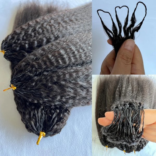 120g 100Strands Kinky Straight Feather Crochet Human Hair Extension Yaki Wave Pre Separated Knotless Crochet Hair Micro Bundles With Loop For Reusable Boho Braids