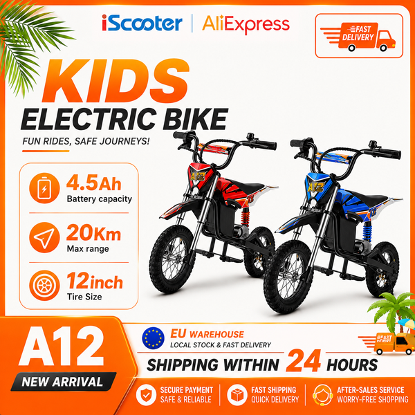 Silnik 350W, bateria 36V 4.5Ah, motocykl elektryczny dla dzieci A12, zasięg 20 km, 3 prędkości (8/13/25 km/h), napęd na tylne koła, amortyzatory do jazdy na zewnątrz.