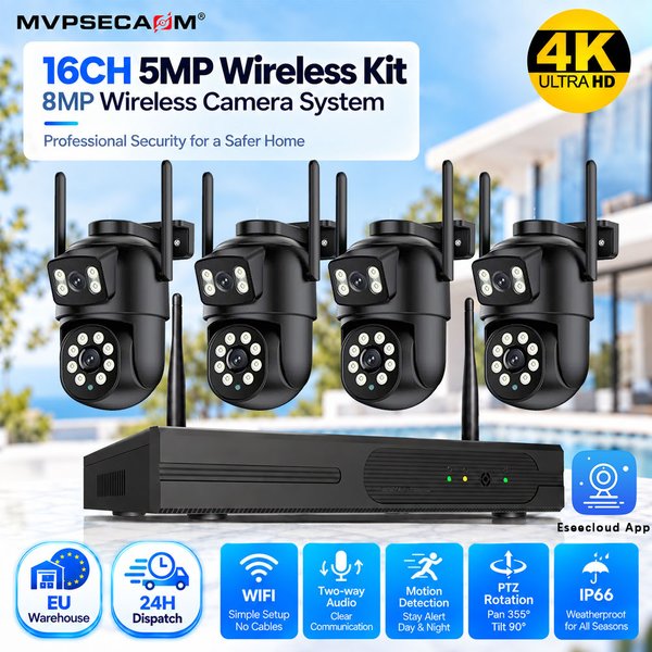 8MP WiFi CCTV-Kamera-Set mit 5MP 16CH Wireless NVR, Dual-Lens PTZ Sicherheitskameras, intelligente Bewegungserkennung, Zwei-Wege-Kommunikation, IP66 Outdoor, Farbnachtsicht, 355 ° Herr 90 °