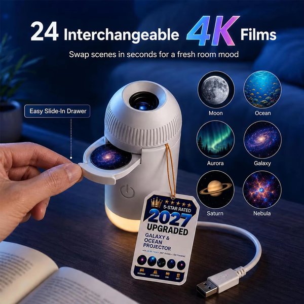 Projektor USB Gwiaździste Niebo 360 ° Regulowana lampa atmosferyczna Galaxy do wnętrza samochodu, domu, sypialni, romantyczna lampka nocna
