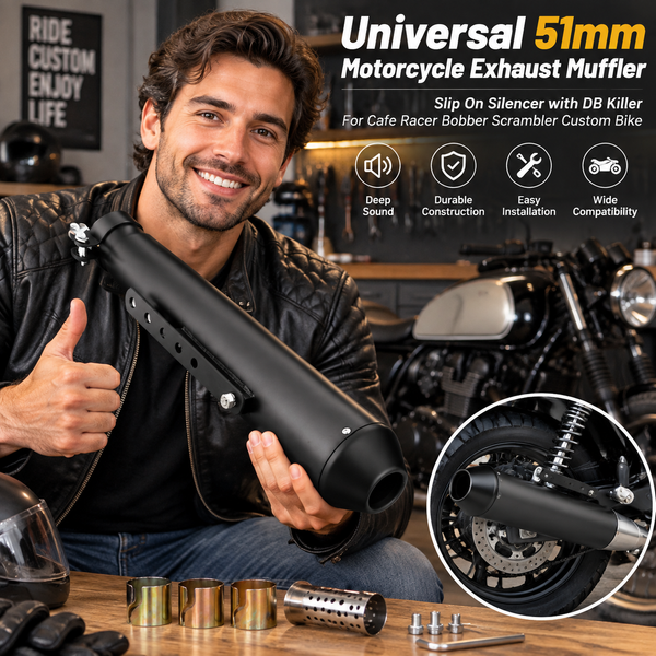 Universeller 51-mm-Motorrad-Auspuff-Schalldämpfer zum Aufstecken mit DB-Killer für Cafe Racer, Bobber, Scrambler und Custom-Bikes.