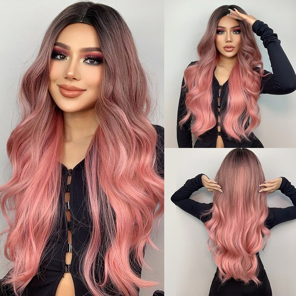 Perruque Synthétique Longue Ondulée Rose pour Femme, Partie Moyenne, Cosplay, Degré de Chaleur, Aspect Naturel