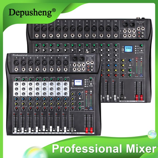 Depusheng DT8 Professionelles Mischpult Soundboard Konsole 8-Kanal-Tischsystem Schnittstelle Digital USB Computer MP3-Eingang 48V Phantomspeisung