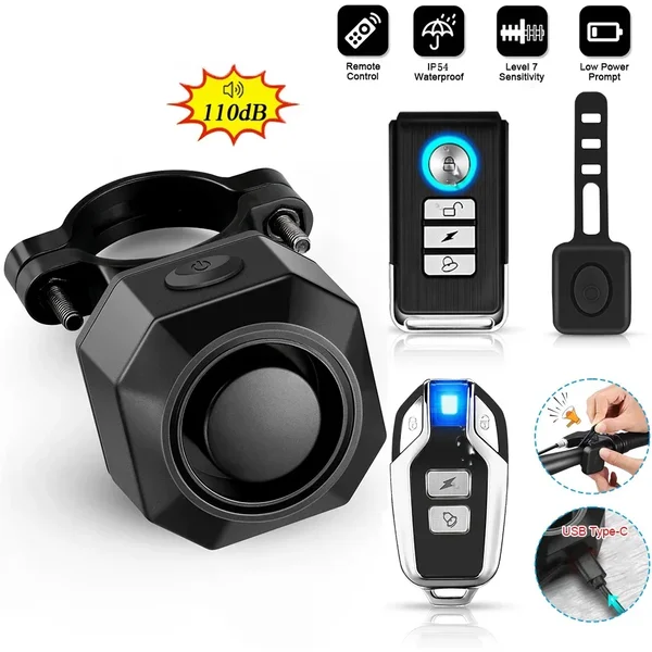Extractme 110dB Fahrradalarm, kabellos, USB-Aufladung, Fahrrad-Vibrationsalarm, IPX5, wasserdicht, für Motorrad, Roller, Einbruchmeldeanlage