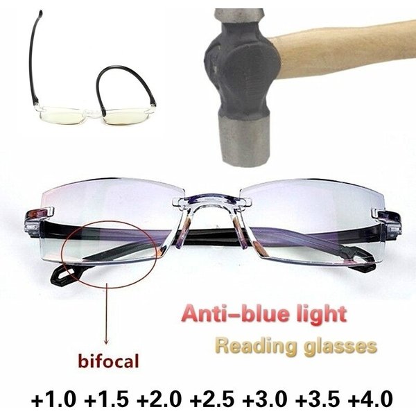 Lunettes de lecture sans monture pour hommes et femmes, anti-lumière bleue, bifocales, grossissement de loin et de près, lunettes presbytes, + 150, + 200, nouveau, 2 paires