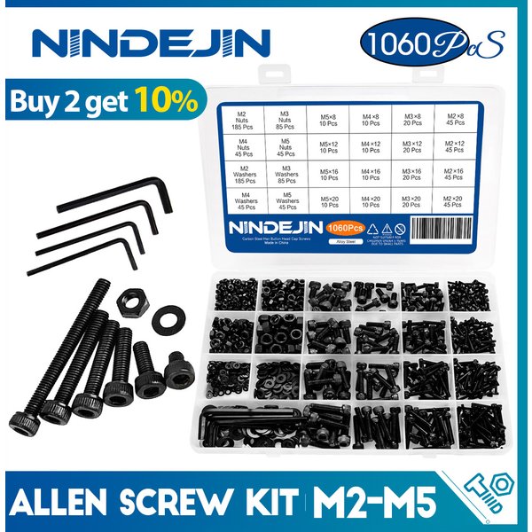 1060-teiliges M2 M3 M4 M5 Innensechskantschrauben-Set aus Kohlenstoffstahl mit flachem Rundkopf, Bolzen und Muttern, Sortimentsset mit Aufbewahrungsbox