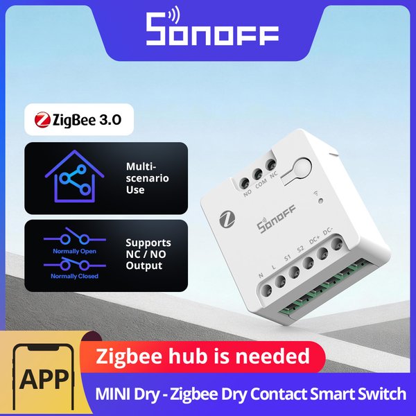 SONOFF MINI-ZBD MINI Interrupteur intelligent à contact sec Zigbee, compatibilité AC & DC, contrôle des portes de garage, moteurs, chaudières, portails principaux
