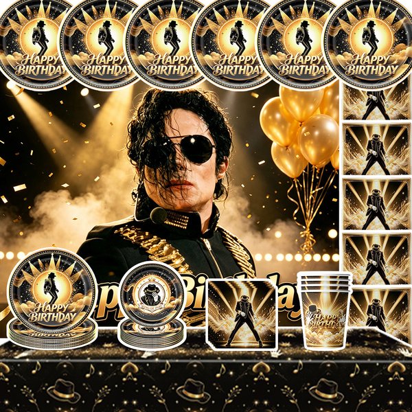 Superstar Michael Jackson Themen-Geburtstagsparty-Dekoration Hintergrund Pappteller Becher Servietten Hintergrundbanner Fächer Geschenke Requisiten