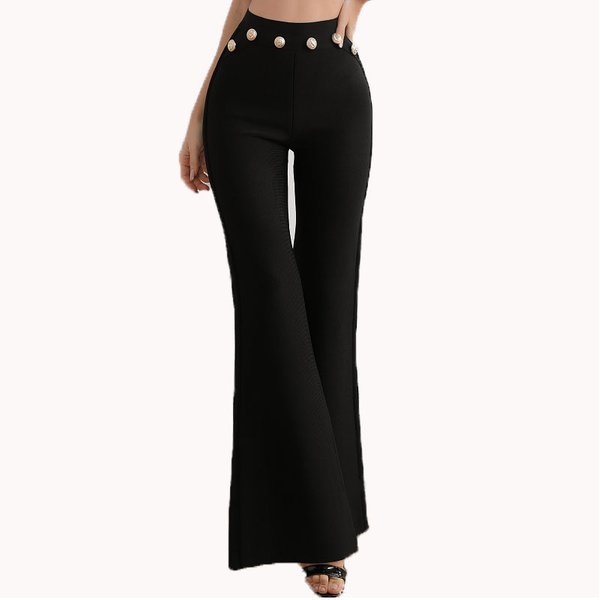 Pantalon évasé noir pour femme, bouton doré, bandage extensible, slim, automne