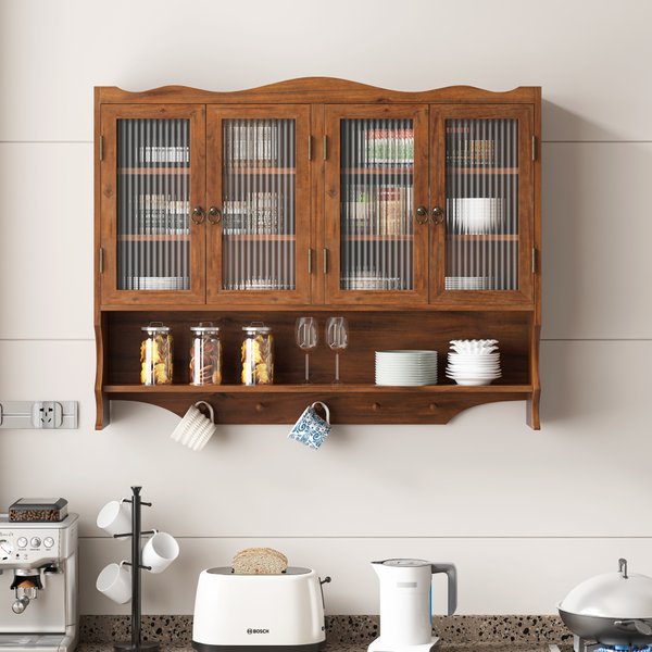 100CM Retro 4 Door Wall Mounted Cabinet Two Layer Storage Cabinet with Open Hook Rack Stylish Brown Wall Organizer Multifunctional Wall Cabinet Practical Home Furniture for Bathroom Kitchen Dining