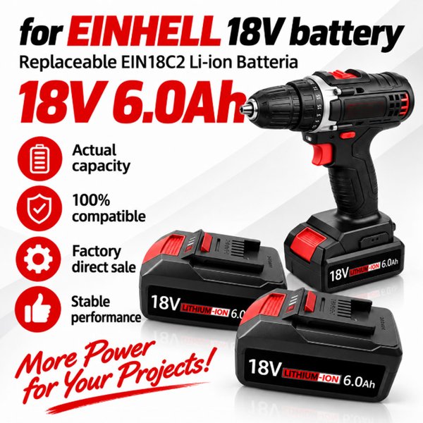 2er-Pack 18V 6000mAh Lithium-Ionen-Akku Kompatibel mit Einhell 18V Power X-Change Serie Kabelloser Bohrer Gartenwerkzeug-Akku