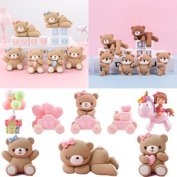 Pink Blue Bear Train Dolls Cake Decoration Birthday Cake Topper Baby Boy Girl 1st Birthday cake toppers baby shower Supplies