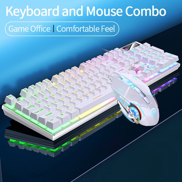 Przewodowy zestaw klawiatury i myszy z podświetleniem, USB, ergonomiczny, z efektem mechanicznym, do gier, biura, komputera stacjonarnego, laptopa, PC, do domu.