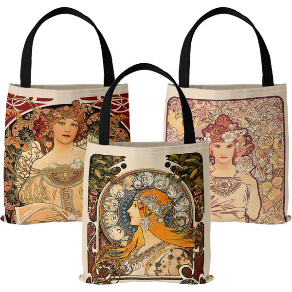 Sac en toile imprimé numérique série Mucha, fourre-tout ouvert, sac à main rétro, sac de Shopping en toile