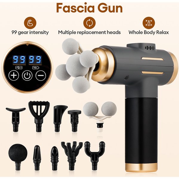 Pistolet de massage électrique 11-en-1, 99 niveaux de puissance, pistolet de massage des fascias à haute fréquence, pour le corps, les bras, les jambes et les muscles.