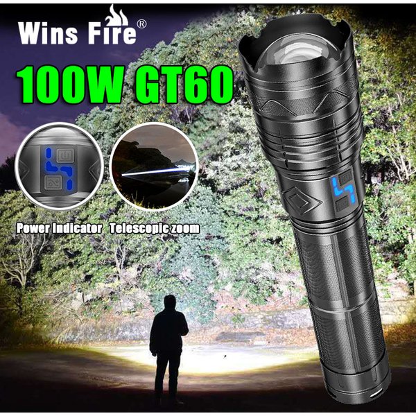 Lampe de poche tactique Super brillante, 20000lm, 100W GT60, longue portée, torche LED puissante, Rechargeable par USB, utilisant 4 181350 Une batterie