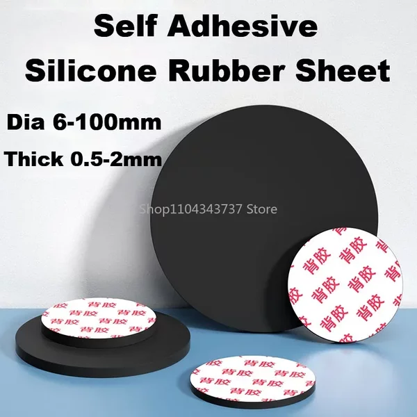 Schwarze, massive, runde, selbstklebende VMQ-Silikonkautschuk-Dichtungsplatten, Durchmesser 6/7/8/9/10/15/20/25/30/35-100 mm, Dicke 0,5-2 mm