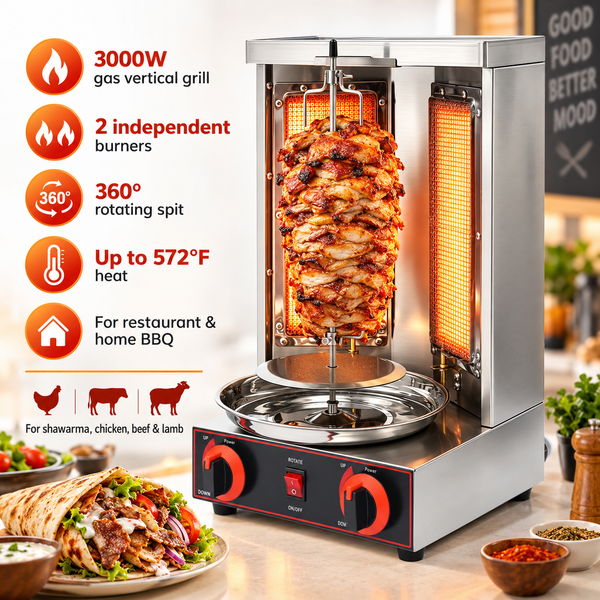 Shawarma-Maschine 3000W, Vertikaler Gasgrill mit 2 unabhängigen Brennern, 360 ° Drehbarer Spieß, maximale Traglast 26,45 lbs, 572 ° F Temperatur, Gyro-Kocher aus Edelstahl für Restaurant und