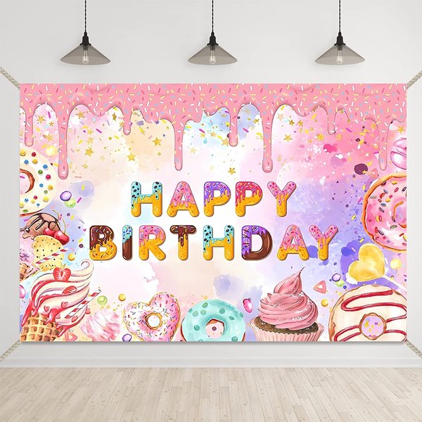 Décor de fête en forme de beignet, bannière joyeux anniversaire, décoration de Cupcake, thème doux, décoration de gâteau pour filles, fournitures de fête d'anniversaire
