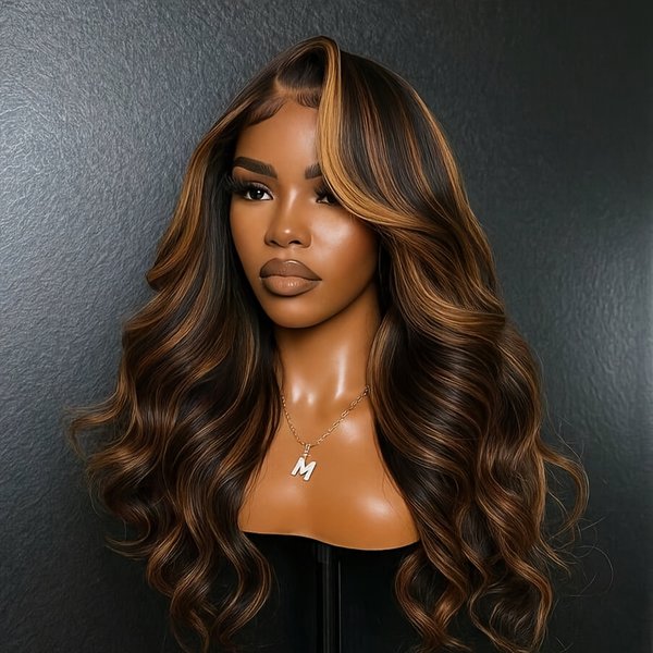 Perruque Lace Front 1B/30 avec mèches, en cheveux humains naturels, dentelle HD transparente, pré-épilée, ligne de cheveux naturelle, ondulations Body Wave, cheveux vierges Remy, nœuds blanchis, sans