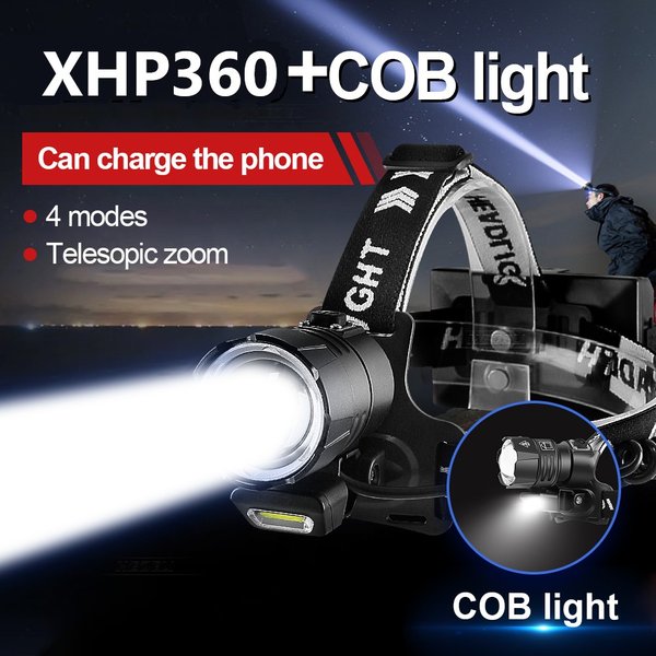 Leistungs starke xhp360 LED-Scheinwerfer super helle USB wiederauf ladbare Scheinwerfer Hoch leistungs zoombare Scheinwerfer Camping Angeln Kopf Laterne