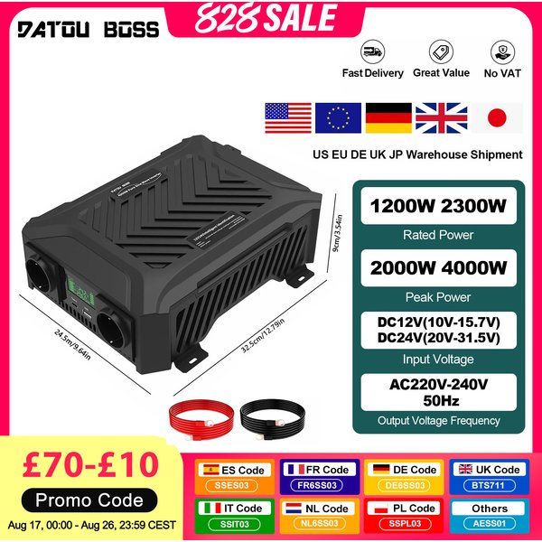 DATOUBOSS 1200 W 2300 W tragbarer Dual-Spannungs-Wechselrichter DC12V-24V Auto-Switching PureSineWave-Wechselrichter für RV Off-Grid-Solarsystem