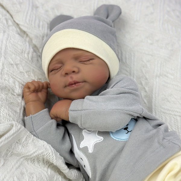 BZDOLL 19 Zoll 48 CM schlafende Reborn-Baby-Puppe mit Lächeln, Spielzeug für Kinder, Vinyl-Extremitäten, Stoffkörper, lebensechte Puppe mit dunkler Haut, handgefertigtes, lebensechtes
