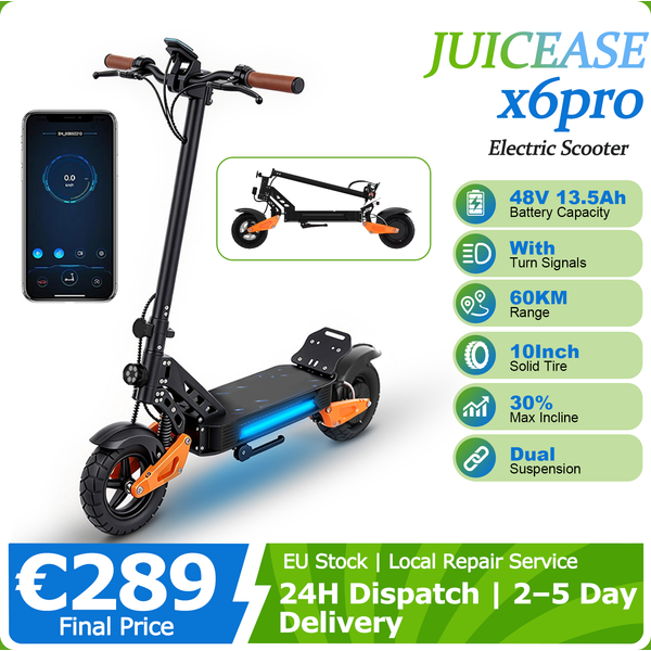 Trottinette électrique JUICEASE X6PRO pour adultes, batterie 48V 13,5Ah, autonomie de 50 km, pneus larges de 10 pouces, double suspension, contrôle via application.