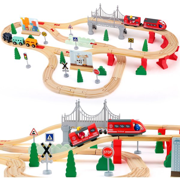 Holzeisenbahn-Set, 72-teiliges Stadtbahn-Set für Kinder, erweiterbares Holzeisenbahn-Set, Kleinkindspielzeug, Geschenk für Jungen und Mädchen ab 3 Jahren
