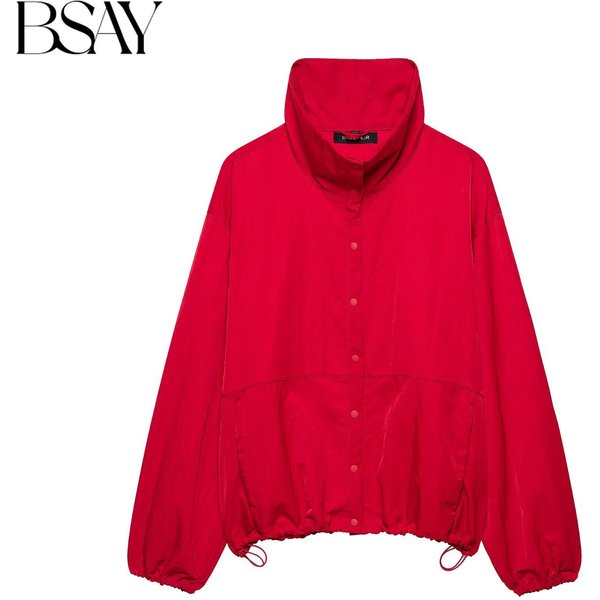 BSAY Veste Coupe-Vent Américaine Vintage pour Femmes, Coupe Courte, Col Montant, Boutons-Pression, Ourlet à Cordon, Poche, Veste Décontractée de Style Urbain