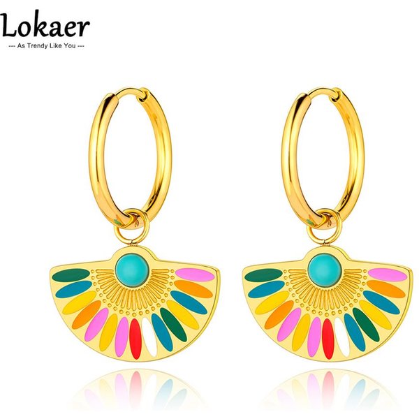 Lokaer Trendy Bohemia Fan Hoop Earrings For Women Girls 18K Gold Plated Stainless Steel Handmade Colorful Glaze Earrings E22200