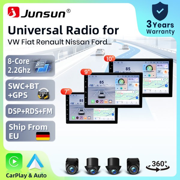 Junsun 7 9 10" Uniwersalne Radio Samochodowe Android 15 Stereo Inteligentne Systemy Dla VW Fiat Renault Nissan Peugeot Ford Hyundai Kia Honda Toyota Kamera 360° Bezprzewodowy CarPlay Auto Ekran