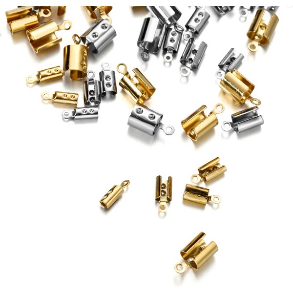 30-50pcs Gold Stainless Steel Cords Crimp End Beads Caps Leather Clip Tip Fold Crimp Bracelet Connectors For Jewelry Making
