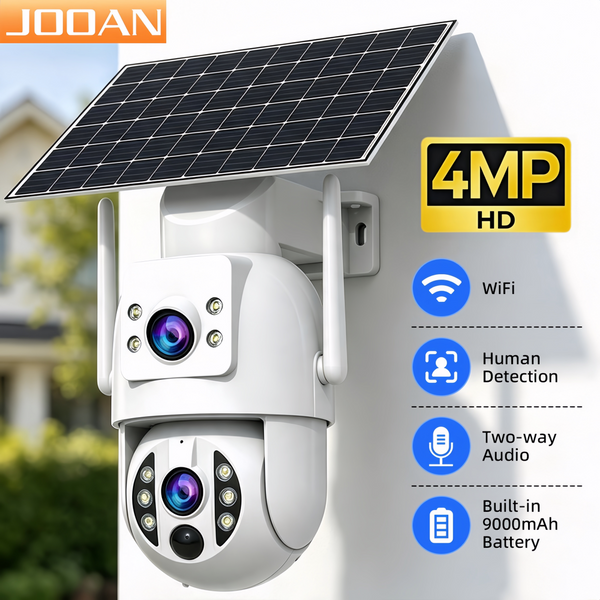 JOOAN 4MP Solar-WLAN-Kamera mit Doppellinse für den Außenbereich, drahtlos, PIR-Bewegungserkennung, Nachtsicht, eingebauter Akku, Heimsicherheit, CCTV-Videoüberwachung
