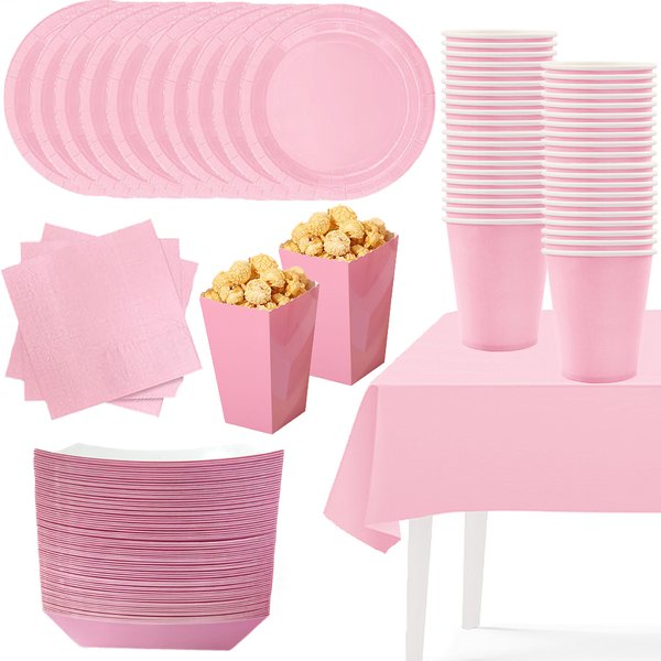Thème rose clair solide, Super filles, fête d'anniversaire, vaisselle jetable, tasses, assiettes, nappes, fournitures de fête prénatale pour enfants, mariage