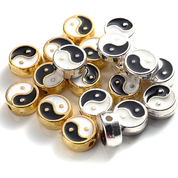 10 Stück 8 mm Emaille-Tai-Chi-Perlen, flach, rund, Yin-Yang-Abstandsperlen für die Schmuckherstellung, Armband, DIY, Schlüsselanhänger, Zubehör, Großhandel