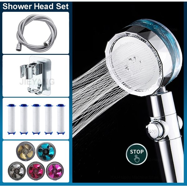 Turbo Filtre À Eau Tête De Douche avec Tuyau et Support 360 Tourné Haute Pression Économie D'eau De Poche Hélice Douche