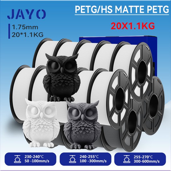 JAYO 20 rouleaux de filament 3D PETG / PETG mat haute vitesse 1,75 mm 30 mm/s - 600 mm/s Gamme d'impression 30 mm/s - 600 mm/s Filament d'imprimante 3D PETG pour 3D