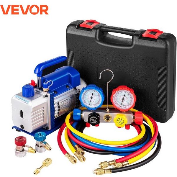 VEVOR Vakuumpumpe 4,8 CFM 1/4 PS einstufig für HVAC-Kühlung 5 PA Verteilermessgerät-Kit R410A R134A R22 inklusive 4-Wege-Messgerät und Schlauch