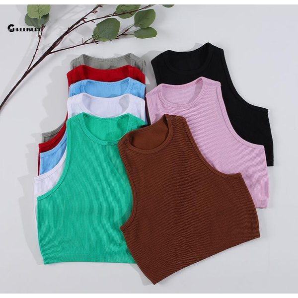 CHRLEISURE Sport Bra Women Rib-Knit Yoga Vest Round Neck Athletic Crop Top Seamless Elastic Push Up Underwear without Pad