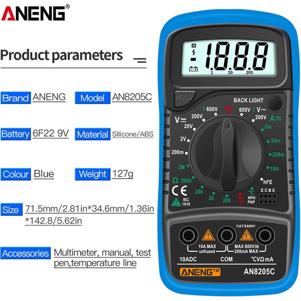 ANENG AN8205C Tragbares Digitales Multimeter AC/DC Spannungs-, Strom- und Widerstandsmessgerät mit LCD-Hintergrundbeleuchtung und Datenhaltefunktion für Elektrische Reparaturen