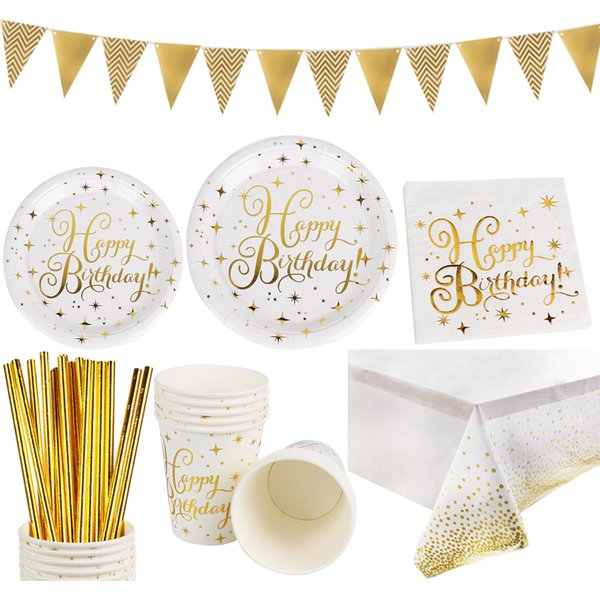 Happy Birthday Party Polka Dot Gold Disposable Cutlery Plates cup Kids Adult Birthday Party Decoration Baby Shower Supplies