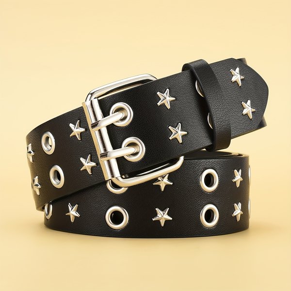 Fünfeckiger Sternniet Damengürtel Zweireihige Nadelschnalle Mode Herrengürtel Ledergürtel Hip Hop Punk Rock Stil Jeansgürtel